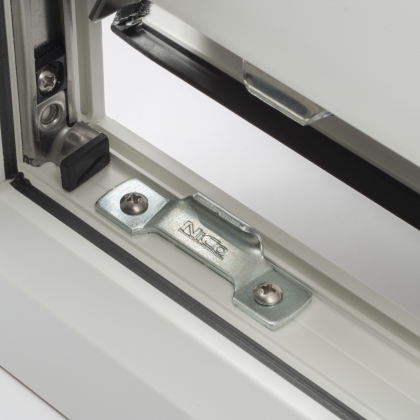 Inside view of window locking mechanism in open uPVC Casement window