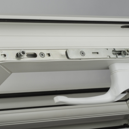 Inside view of open uPVC Casement window locking mechanism