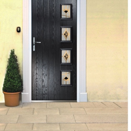 Black Composite door with pot plant to the left