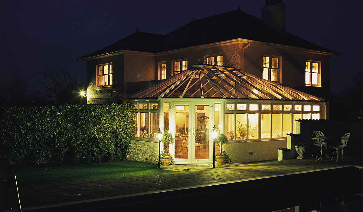 Bespoke conservatory at night time